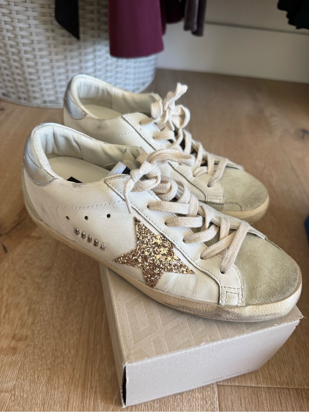 Golden Goose Cream Leather Sneakers with Gold Glitter Star